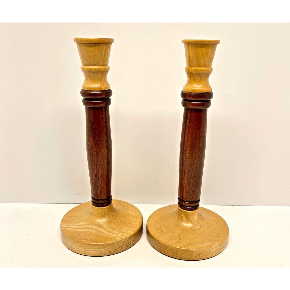 Pair Vintage Hand Turned Mixed Wood Candlestick Holders 10” Tall